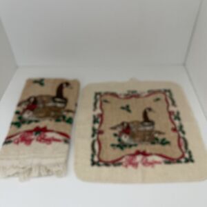 Vintage Cannon 2 Piece Towel Set Hand & Wash Cloth Merry Christmas Geese